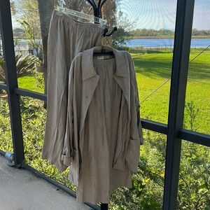 HARVE BENARD 3 PC Linen SET large Jacket with medium long Skirt/Pants Ecru Tan